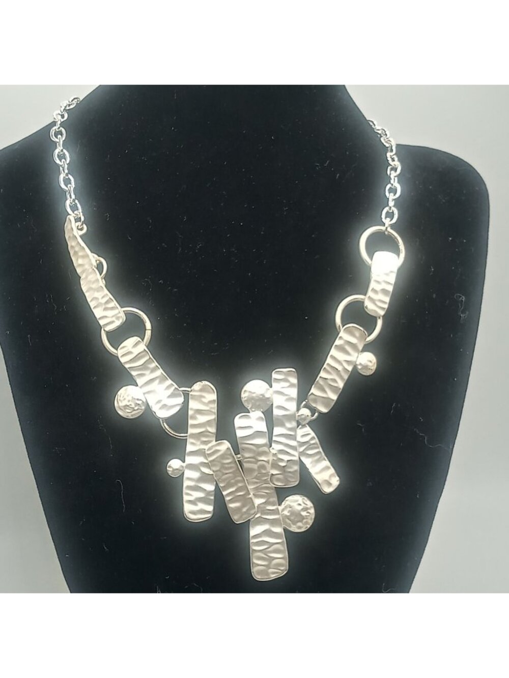 Hammered Silver Tone Bib Necklace Modernist Abstract Geometric Statement Jewelry